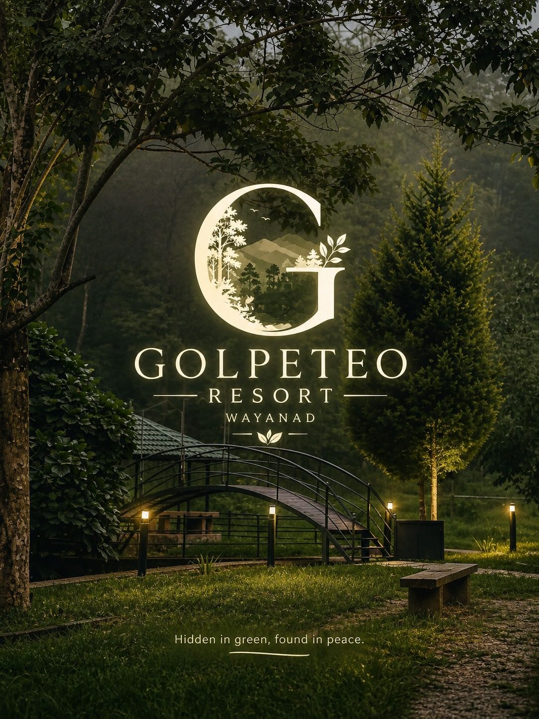 Golpeteo Resort branding poster over forest bridge
